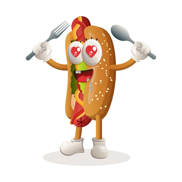 Hotdog mascotte ontwerp met lepel en vork