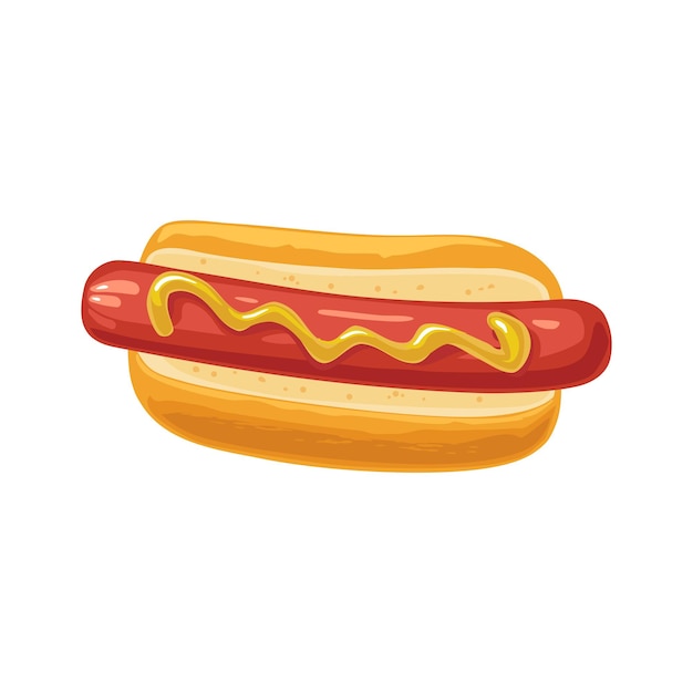 Hotdog met mosterd. Bovenaanzicht. Platte vectorillustratie kleur voor poster, menu's, brochure, web. Pictogram geïsoleerd op een witte achtergrond.