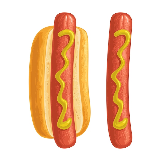 Vector hotdog met mosterd top view vector kleur realistische illustratie.