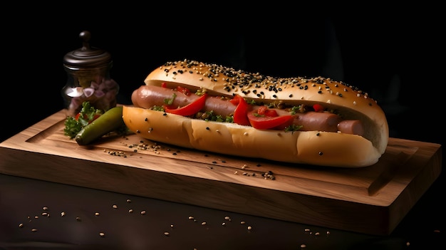 Vector hotdog met mosterdketchup, komkommer en tomaat op een houten keukenbord