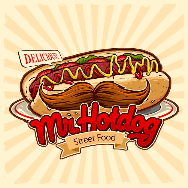 Hotdog met snor in de plaat voor fastfood van straatvoedsel en het logo van het junkfoodrestaurant