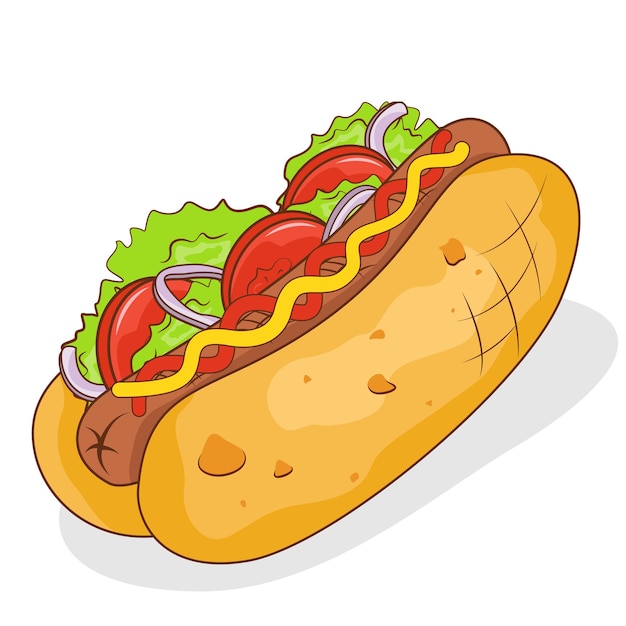 Vector hotdog met tomaat en salade platte vectorillustratie