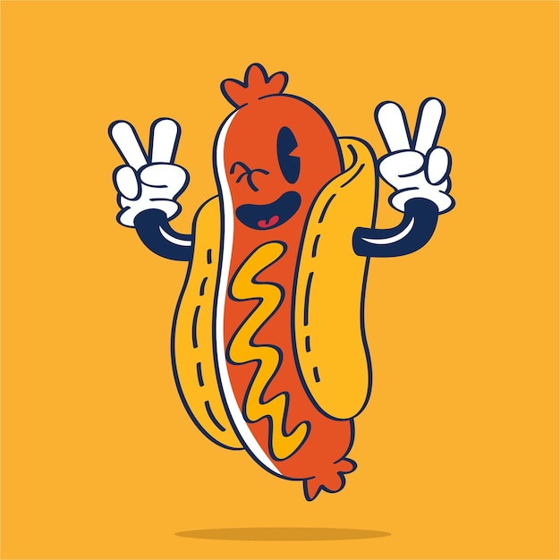 Hotdog Vrede Pose Cartoon Karakter Vector Hand Tekening