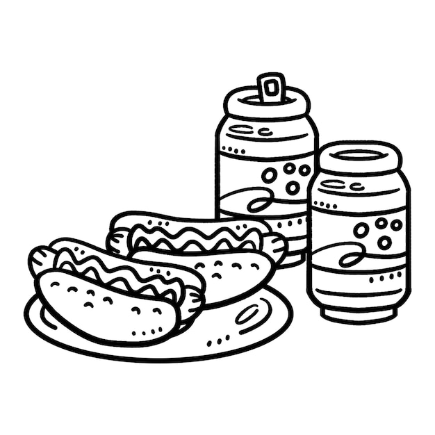 Hotdog with a Soda Can Isolated Coloring Page