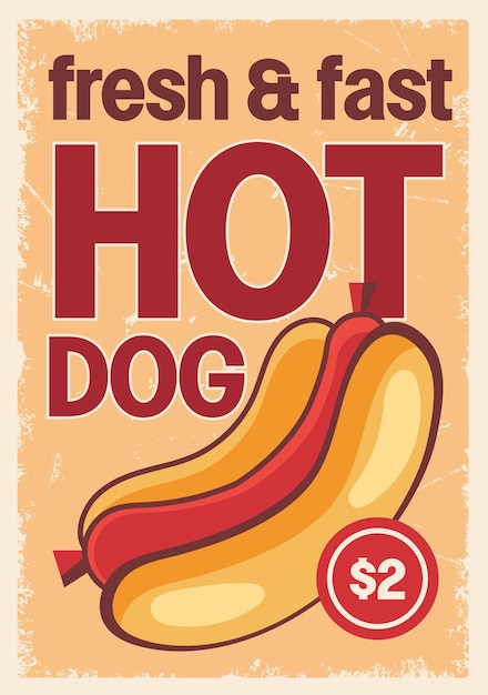 Hotdogs promotionele retro posterontwerp voor fastfood restaurant vintage teken vector sjabloon