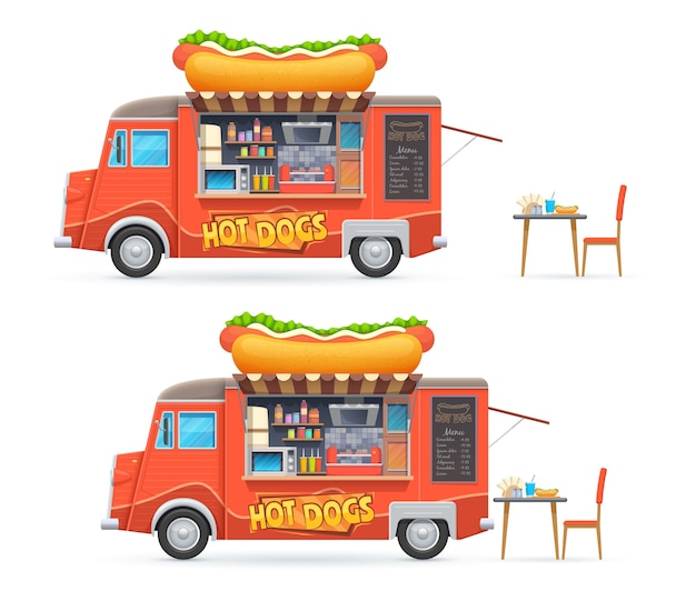 Hotdogvoedselwagen geïsoleerde cateringbusje met schoolbordmenu en apparatuur voor het koken van hotdogs.