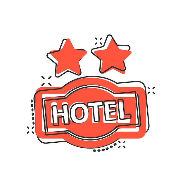 Отель 2 звезды подписывает иконку в комическом стиле. Векторная иллюстрация гостиницы на белом изолированном фоне. Информация о номере в хостеле.
