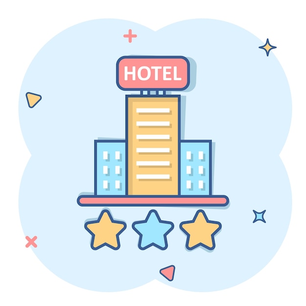 Hotel 3 stars sign icon in comic style inn building cartoon vector illustration on white isolated background hostel room splash effect business concept