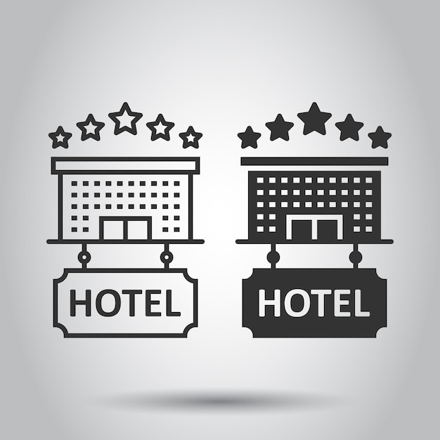 Отель 5 звезд подписывает иконку в плоском стиле. Векторная иллюстрация здания гостиницы на белом изолированном фоне. Концепция бизнеса в общежитии.