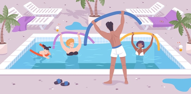 Illustrazione di attività alberghiere con animazione in piscina