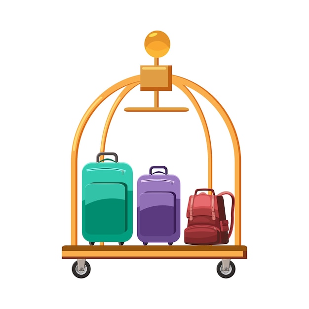 Hotel baggage cart icon in cartoon style on a white background