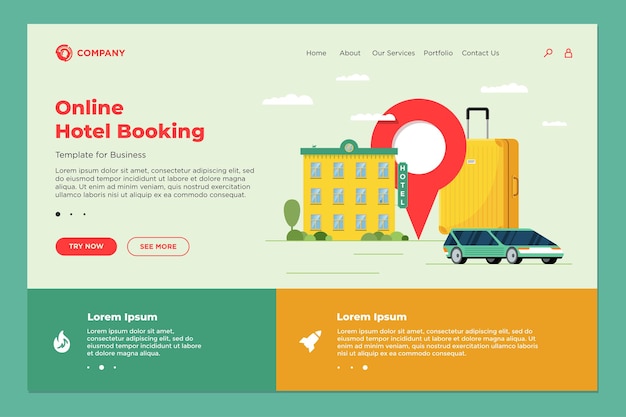 Hotel booking and car sharing online service for vacation tourism landing page template. Travel apartment transport reservation web design. Motel baggage suitcase and location pin vector illustration