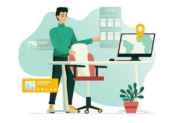 Hotel booking concept with people scene in the flat cartoon design A man books a hotel room online