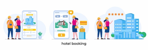 Prenotazione hotel sul concetto di vacanza gadget libro online viaggio piatto turistico illustrazione vettoriale