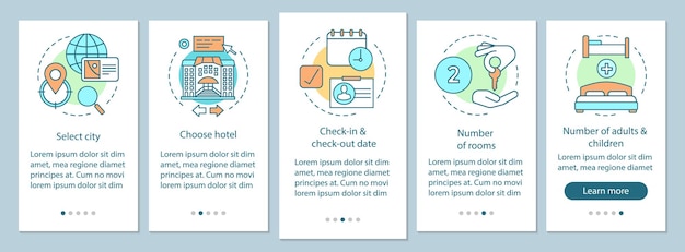 Hotel booking onboarding mobile app page screen with linear concepts. select hotel, room amenities, feature, period, walkthrough steps graphic instructions. ux, ui, gui vector template with icons