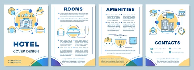 Vector hotel brochure template layout. rooms amenities, services. flyer, booklet, leaflet print design with linear illustrations. vector page layouts for magazines, annual reports, advertising posters