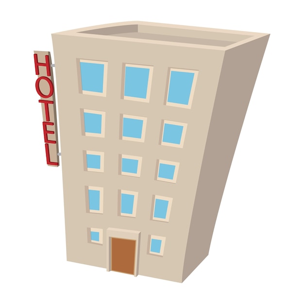Vettore icona del fumetto della costruzione dell'hotel simbolo dell'hotel isolato su uno sfondo bianco