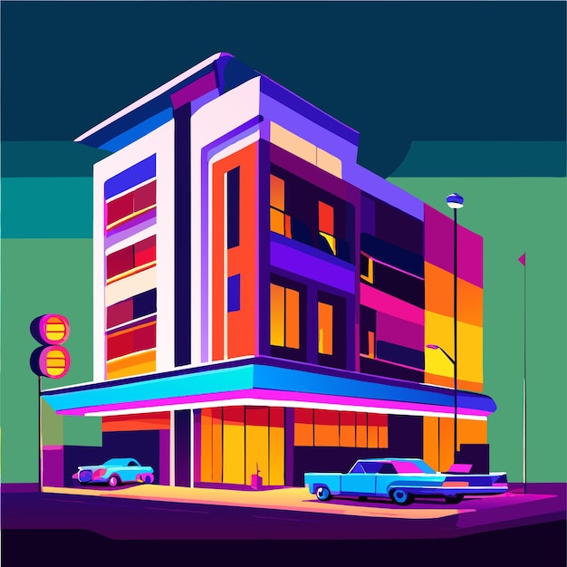 Vector hotel building near the road with cars parking lot and neon sign