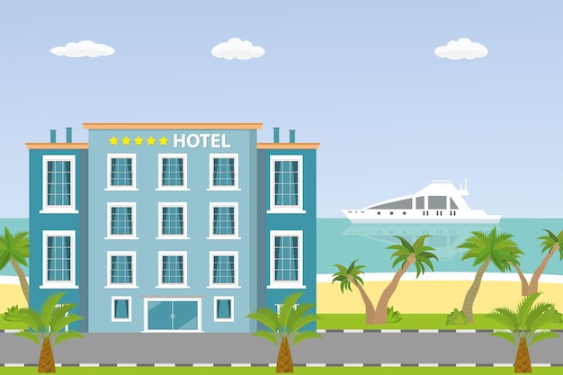 Hotel building and ocean beach sand shore with palm trees vector illustration