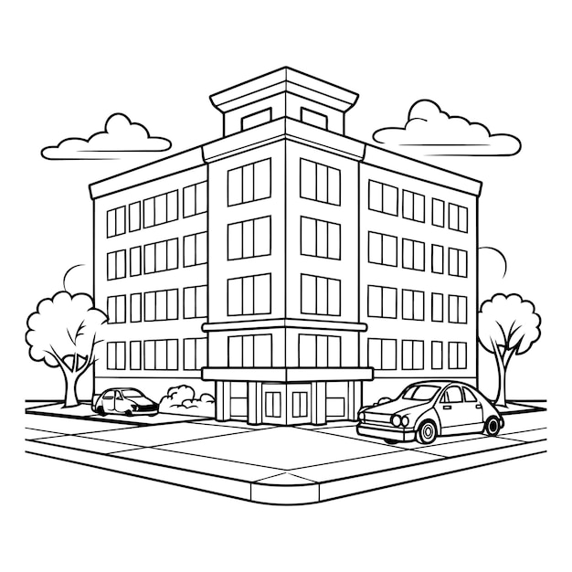 Hotel building with cars and trees icon cartoon black and white vector illustration graphic design
