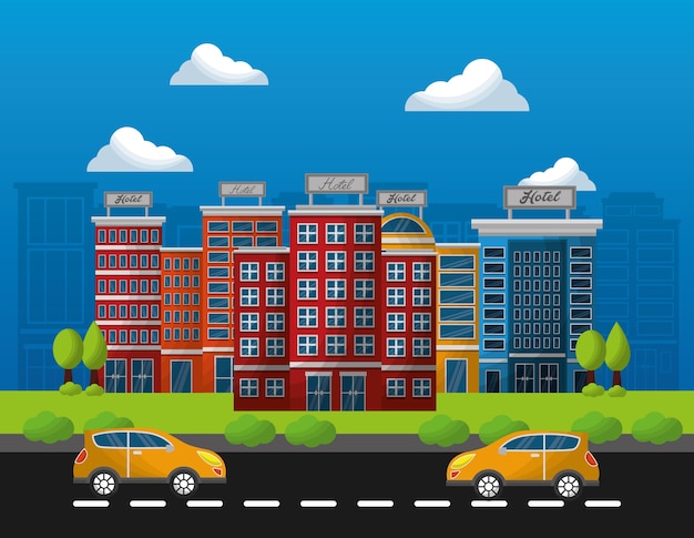 Hotel buildings taxis in the street vector illustration