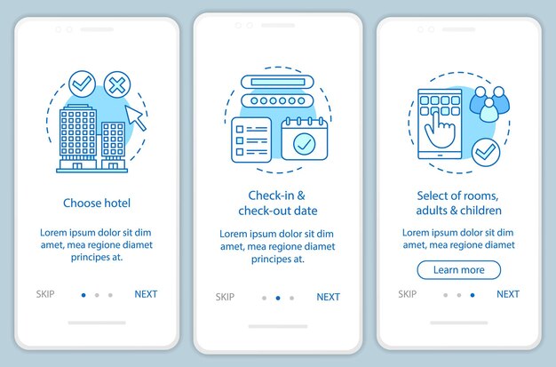 Hotel choosing onboarding mobile app page screen vector template. Booking accommodation, apartment. Select room and date. Walkthrough website steps with icons. UX, UI, GUI smartphone interface concept