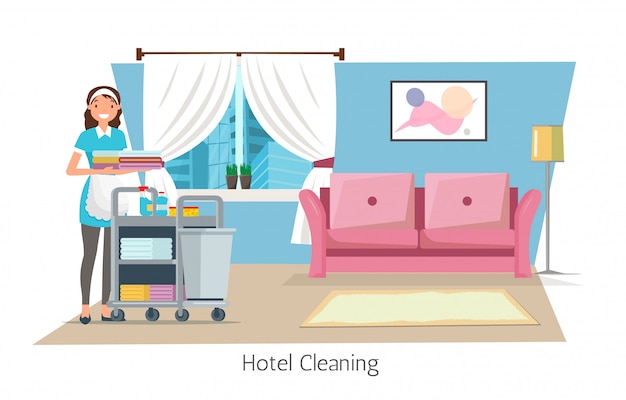 Vector hotel cleaning, maid, trolley cart with supplies.