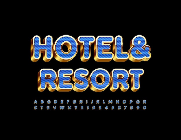 Hotel en resort blauwe en gouden alfabetletters en cijfers luxe 3d-lettertype