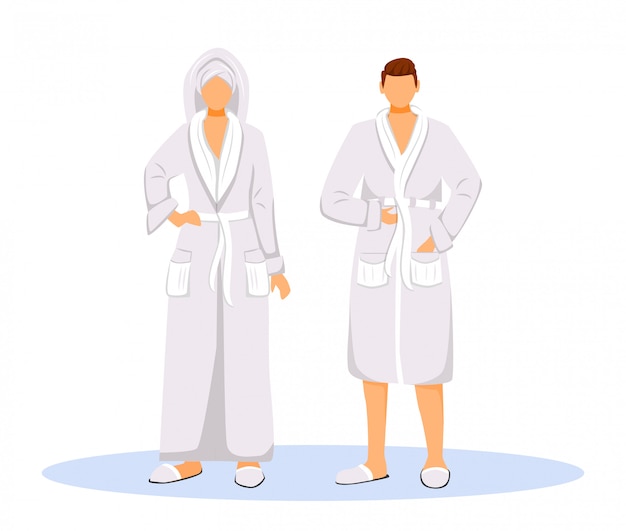 Hotel guests wearing bathrobes flat color vector illustration. woman with towel on head and man. couple in robes. people after shower isolated cartoon characters