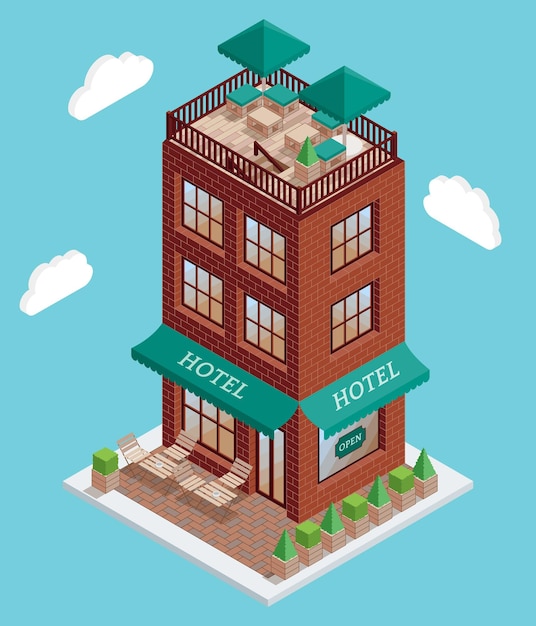 Вектор Значок отеля в векторном изометрическом стиле. иллюстрация в плоском 3d-дизайне. изолированный элемент здания гостиницы. городская городская архитектура для веб- и игрового дизайна. кафе на крыше здания.
