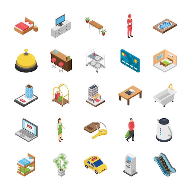 Vector hotel isometric icons pack