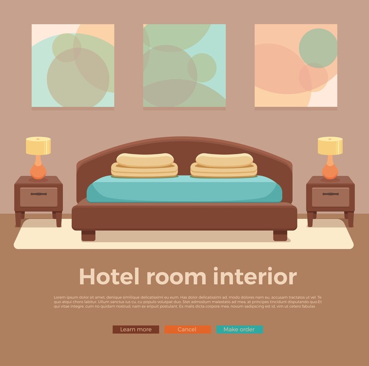 Hotel kamer interieur. Kleurrijke illustratie van het bed van het slaapkamermeubilair, nachtkastje, lamp.