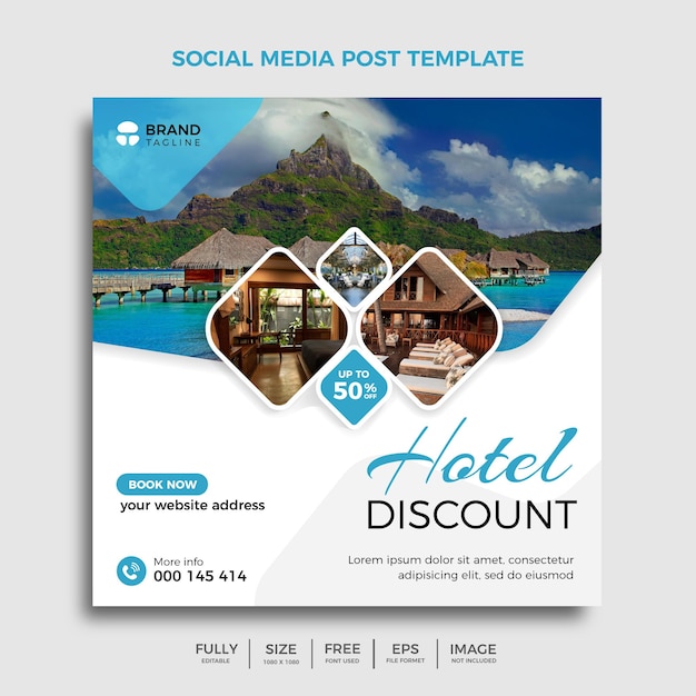 Hotel korting blauwe banner ontwerpsjabloon voor sociale media, reizen sociale media post banner