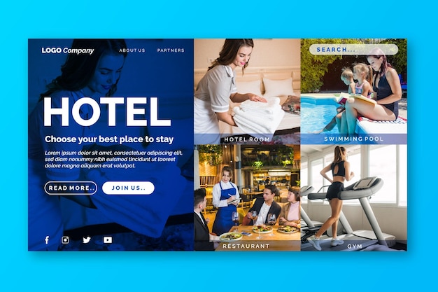 Modello di pagina di destinazione dell'hotel con foto