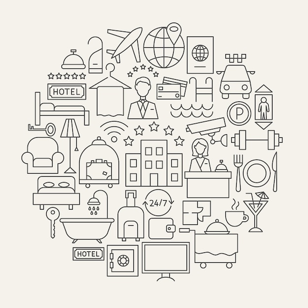 Hotel lijn pictogrammen cirkel. vectorillustratie van schetsontwerp.