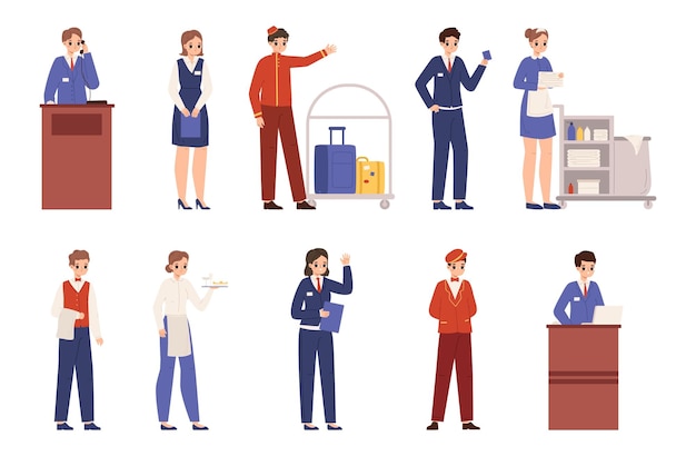 hotel lobby workers hospitality service hotels business people in uniform reception waiter and cleaner professional staff snugly vector characters