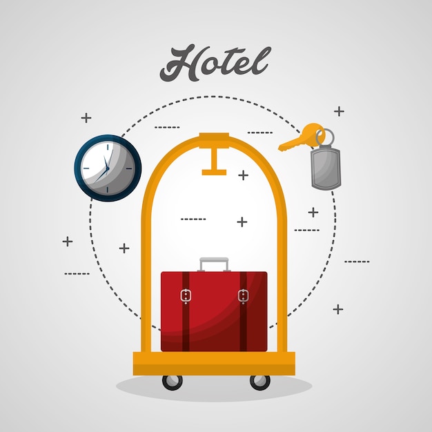 hotel luggage trolley and red suitcase vector illustration