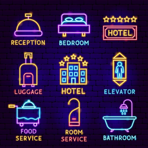 Vector hotel neon labelset. vectorillustratie van zakelijke servicepromotie.
