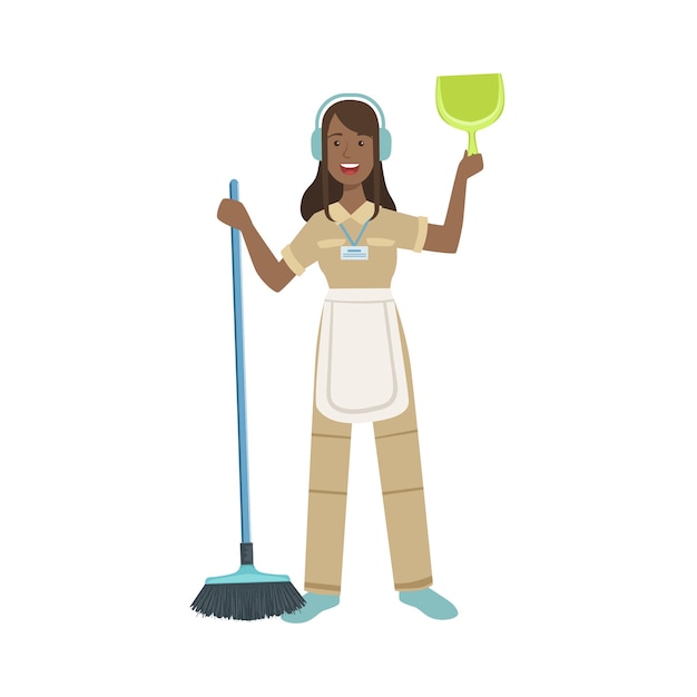 Vector hotel professional maid with dustpan and broom illustration