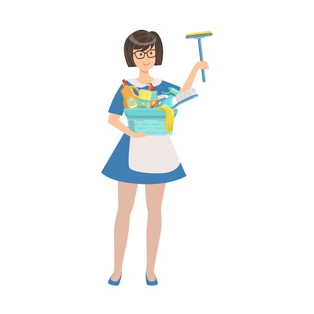 Vector hotel professional maid with window washing equipment illustration