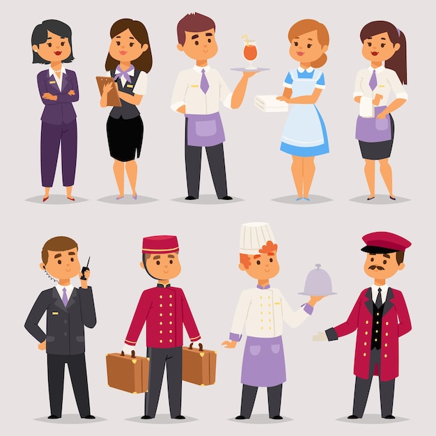 Professioni alberghiere persone lavoratori receptionist felice in piedi al bancone dell'hotel e simpatici personaggi in uniforme servizio di prenotazione ingresso illustrazione vettoriale prenotazione allegra alloggio stile piatto