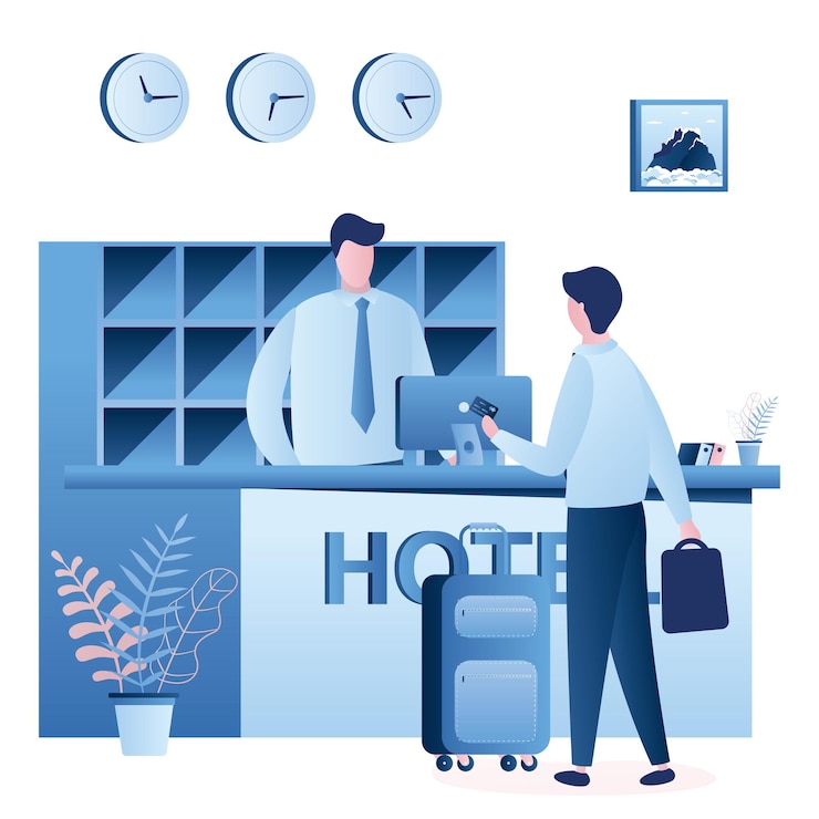 Vector hotel reception desk interior man receptionist talking male tourist businessman with baggage hotel