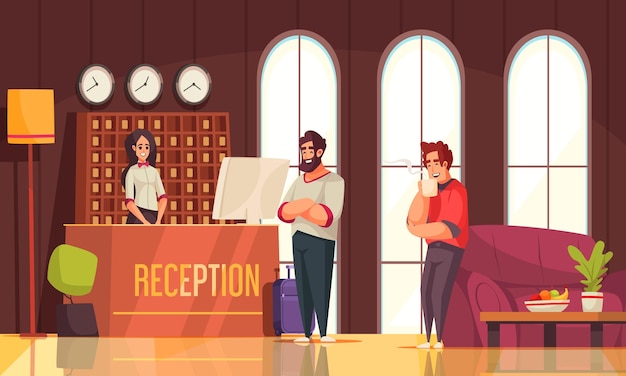 Hotel reception flat background with registration desk and place for waiting tourists vector illustration