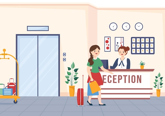 Hotel Reception Interior with Receptionist People and Travelers for Booking in Flat Illustration