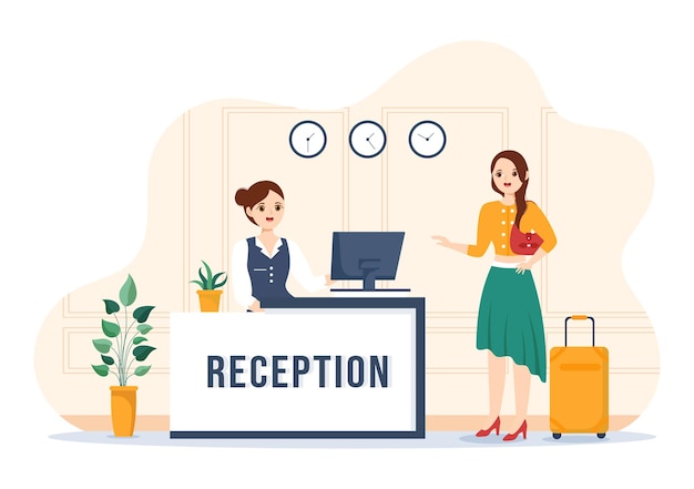 Hotel Reception Interior with Receptionist People and Travelers for Booking in Flat Illustration