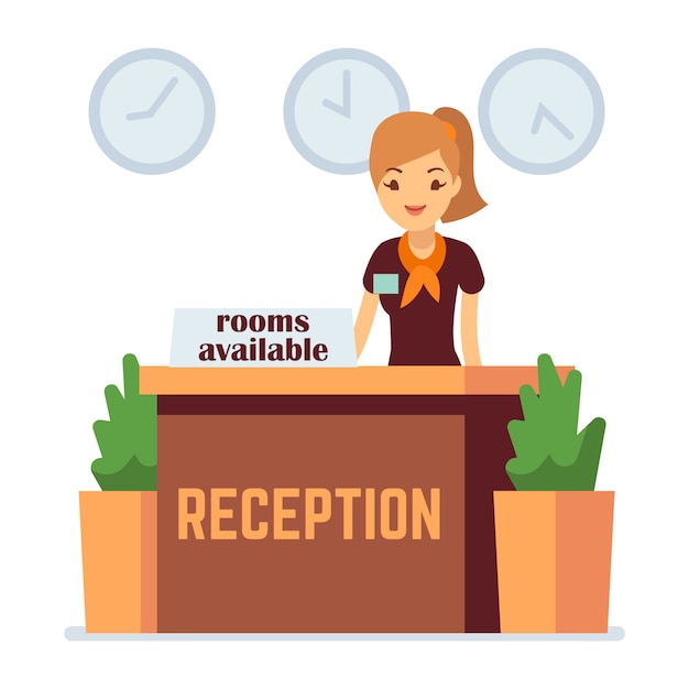 Vector hotel reception with woman