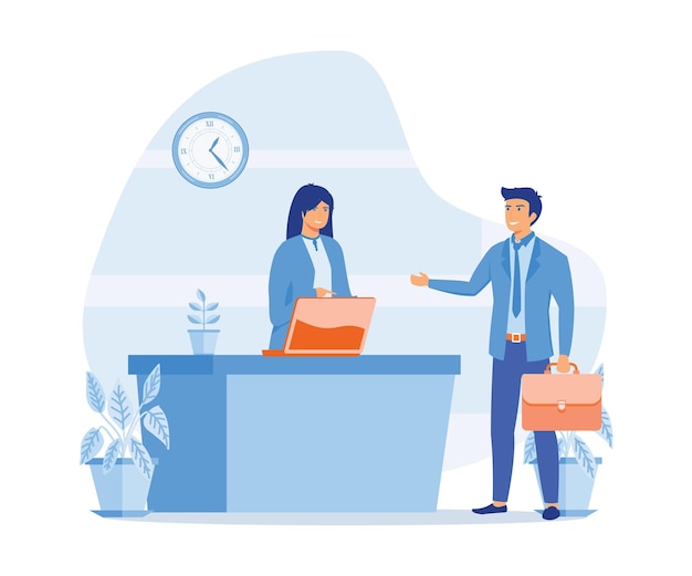 Hotel receptionist customer standing at reception desk and talking to female receptionist flat vector modern illustration