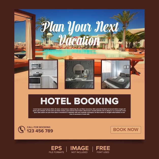 Vettore modello di post banner quadrato prenotazione hotel e resort