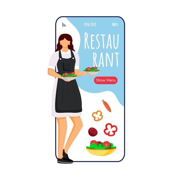 Hotel restaurant cartoon smartphone app screen. Mobile phone display with chef flat character design . Food ordering, menu. Catering service application telephone interface