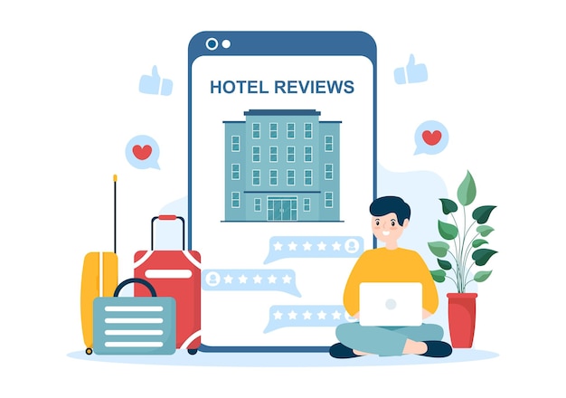 Vector hotel review with rating service to rated customer or experience in hand drawn  illustration